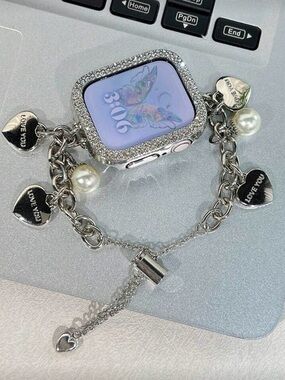 Silver Heart Charm Bracelet Apple Watch Case with Pearls